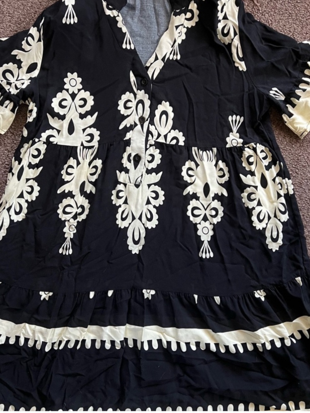 Black Boho Embroidered Flowy Tiered Dress | Size XL